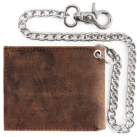 Blocking Mens bi-fold Style Cowhide Leather Steel Chain Wallet